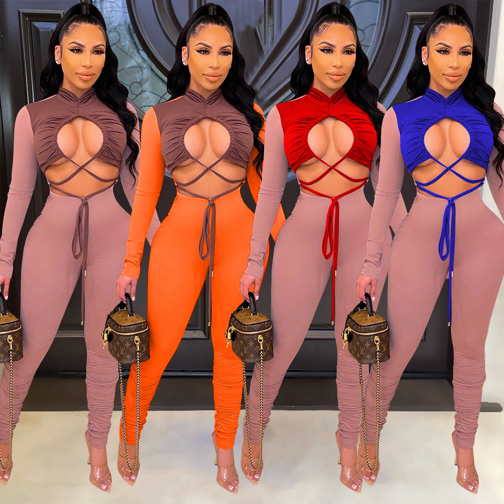 Fashion Sexy Hollow Color Matching Tie Long-Sleeved Jumpsuit