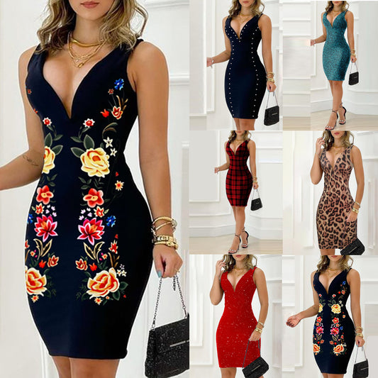 Women's Fashion V-Neck Sleeveless Slim Fit Printed Dress