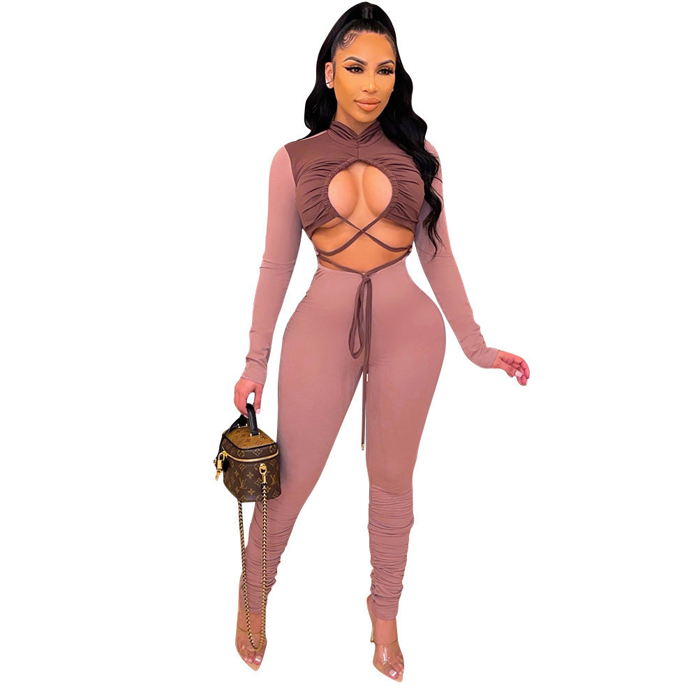 Fashion Sexy Hollow Color Matching Tie Long-Sleeved Jumpsuit