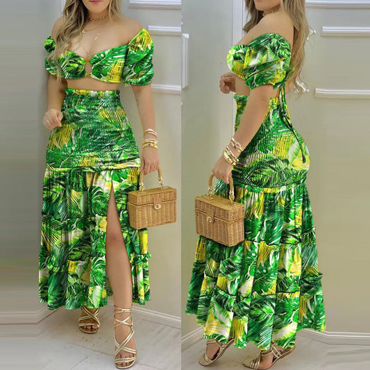 Women's Fashion Printed Split Skirt Two Piece Set