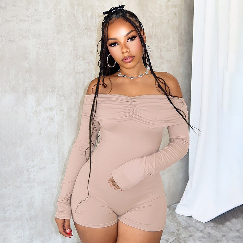 Women's Off-shoulder Pleating Long Sleeve High Waist One-piece Shorts