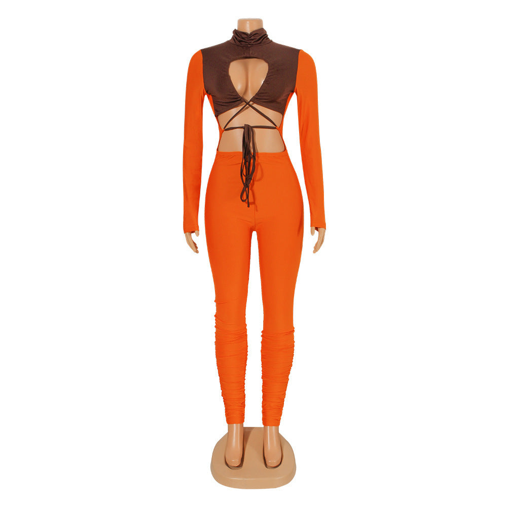 Fashion Sexy Hollow Color Matching Tie Long-Sleeved Jumpsuit