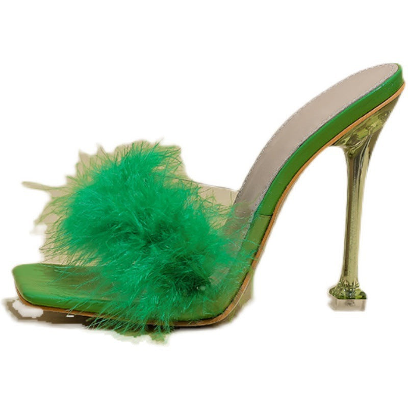 Women's Fashion Shoes Furry Transparent Broadband Crystal Heel Stiletto Heel Sandals