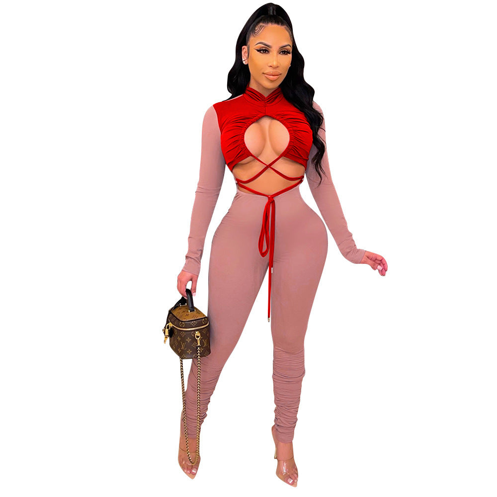 Fashion Sexy Hollow Color Matching Tie Long-Sleeved Jumpsuit