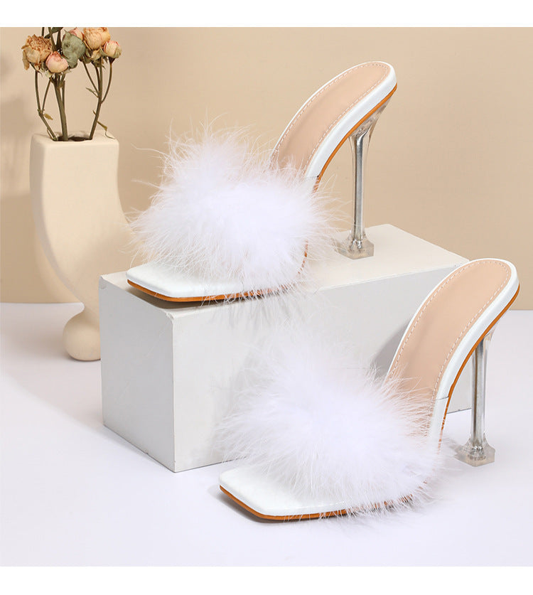 Women's Fashion Shoes Furry Transparent Broadband Crystal Heel Stiletto Heel Sandals