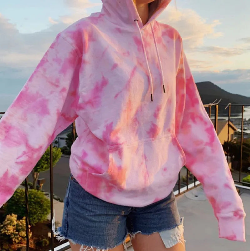 Streetwear Womens Hooded Sweatshirts Oversized Tie Dye Printed Pullover Casual Winter Long Sleeve Blouse Korean O-Neck Sudaderas