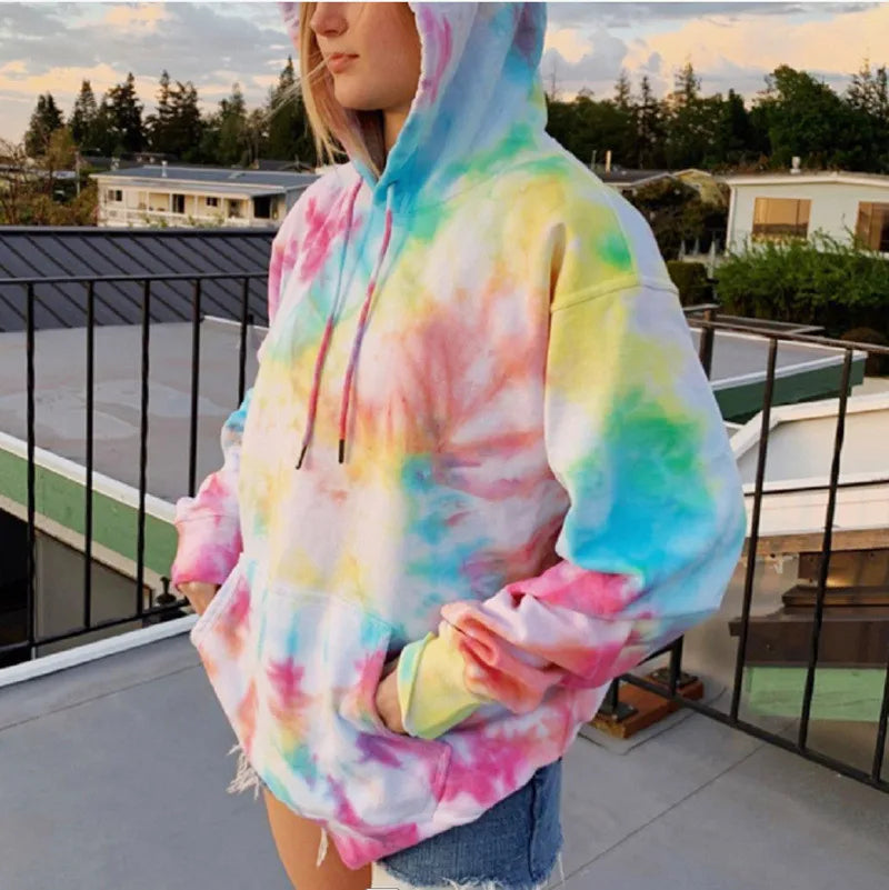 Streetwear Womens Hooded Sweatshirts Oversized Tie Dye Printed Pullover Casual Winter Long Sleeve Blouse Korean O-Neck Sudaderas