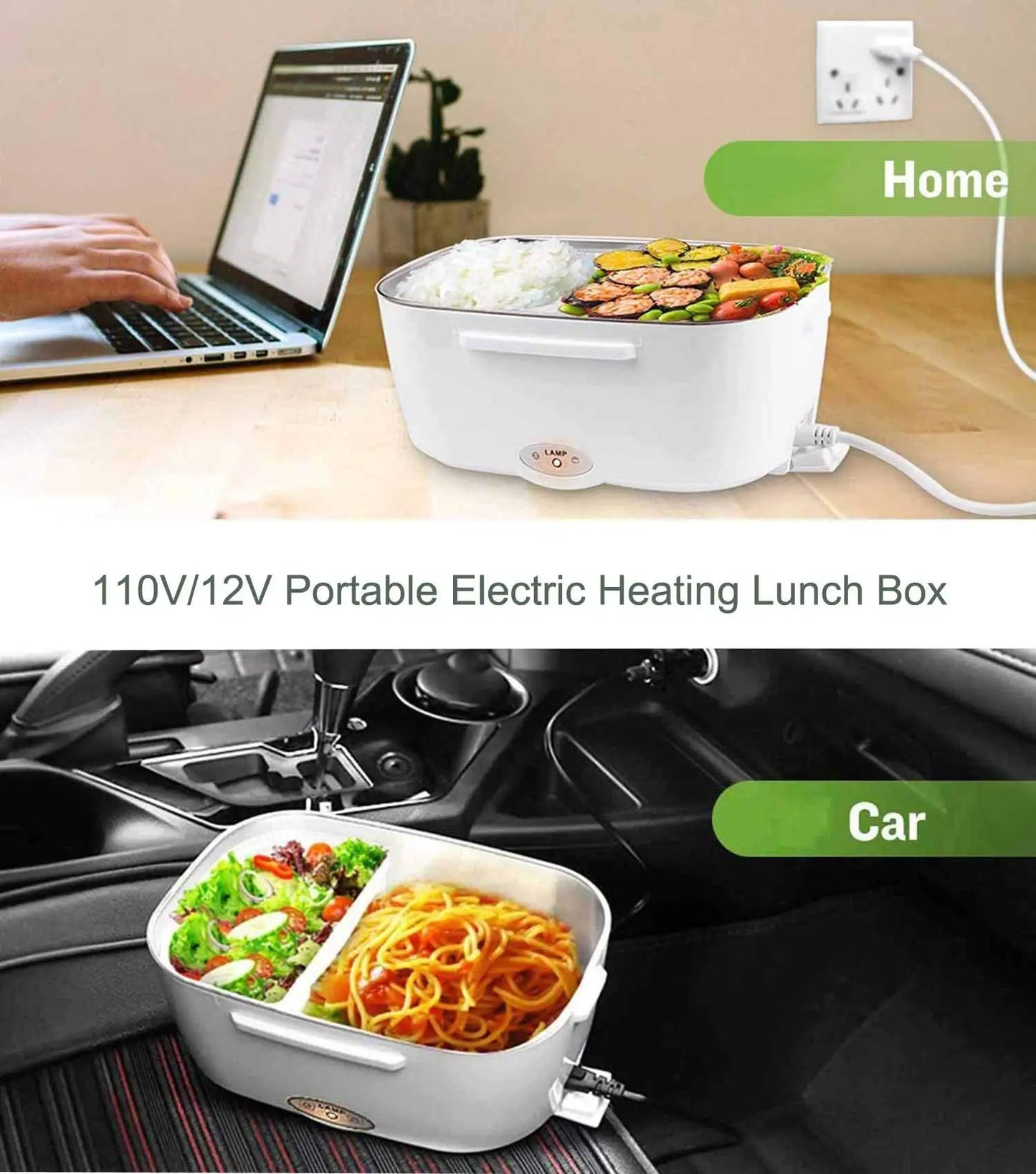 2-In-1 Electric Heating Lunch Box Car + Home 12V 220/110V Portable Stainless Steel Liner Bento Lunchbox Food Container Bento Box