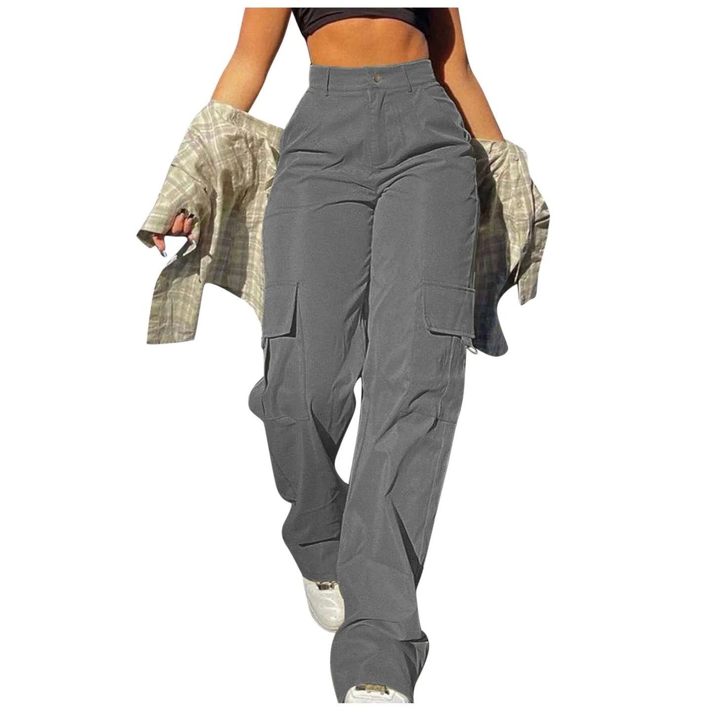 Vintage Street Vibe Flap Pocket Drawstring Waist Parachute Pants  For Women Cargo Pants