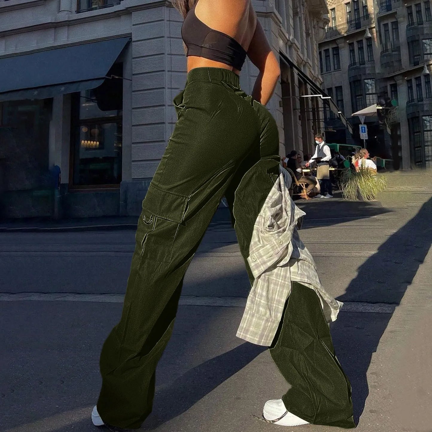 Vintage Street Vibe Flap Pocket Drawstring Waist Parachute Pants  For Women Cargo Pants