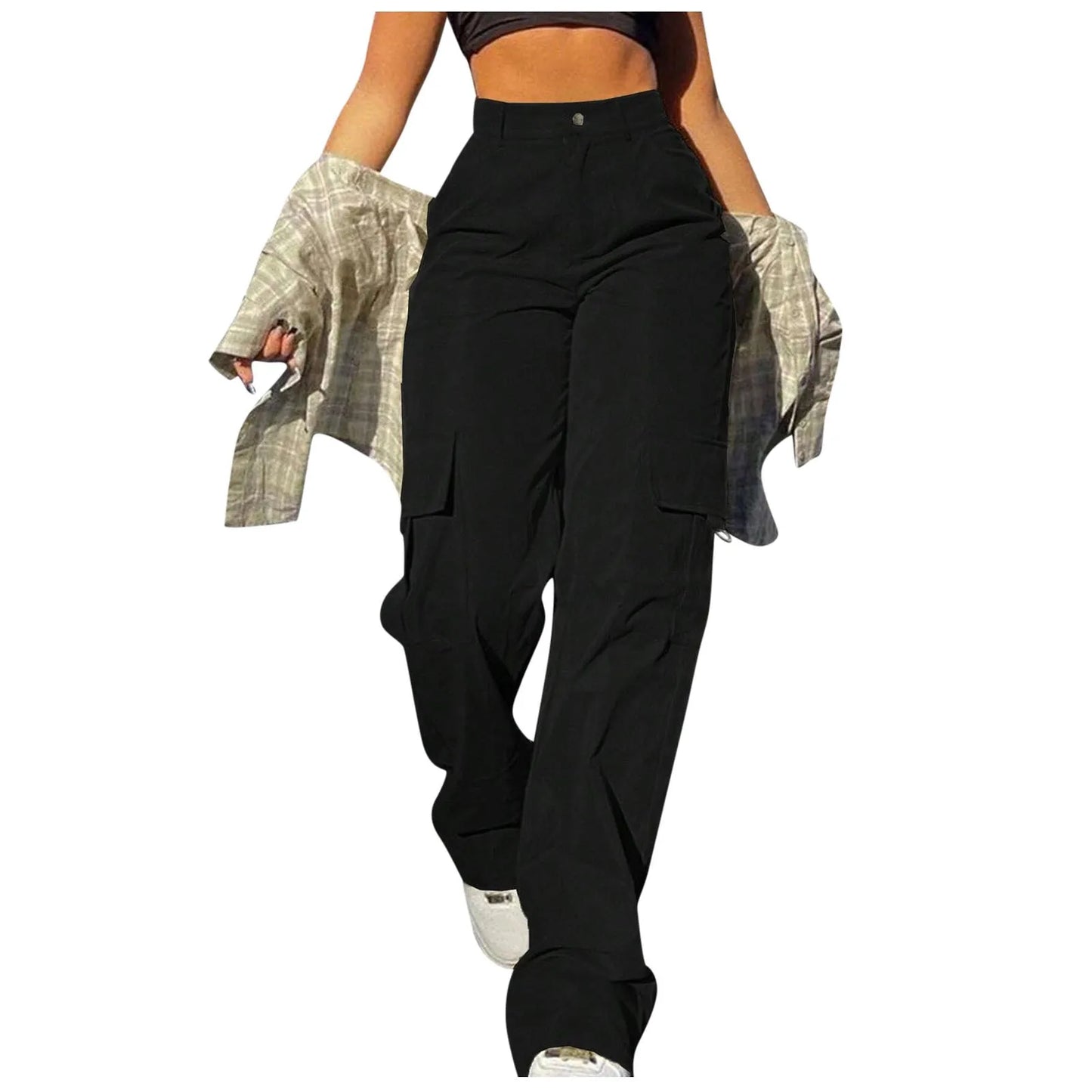 Vintage Street Vibe Flap Pocket Drawstring Waist Parachute Pants  For Women Cargo Pants