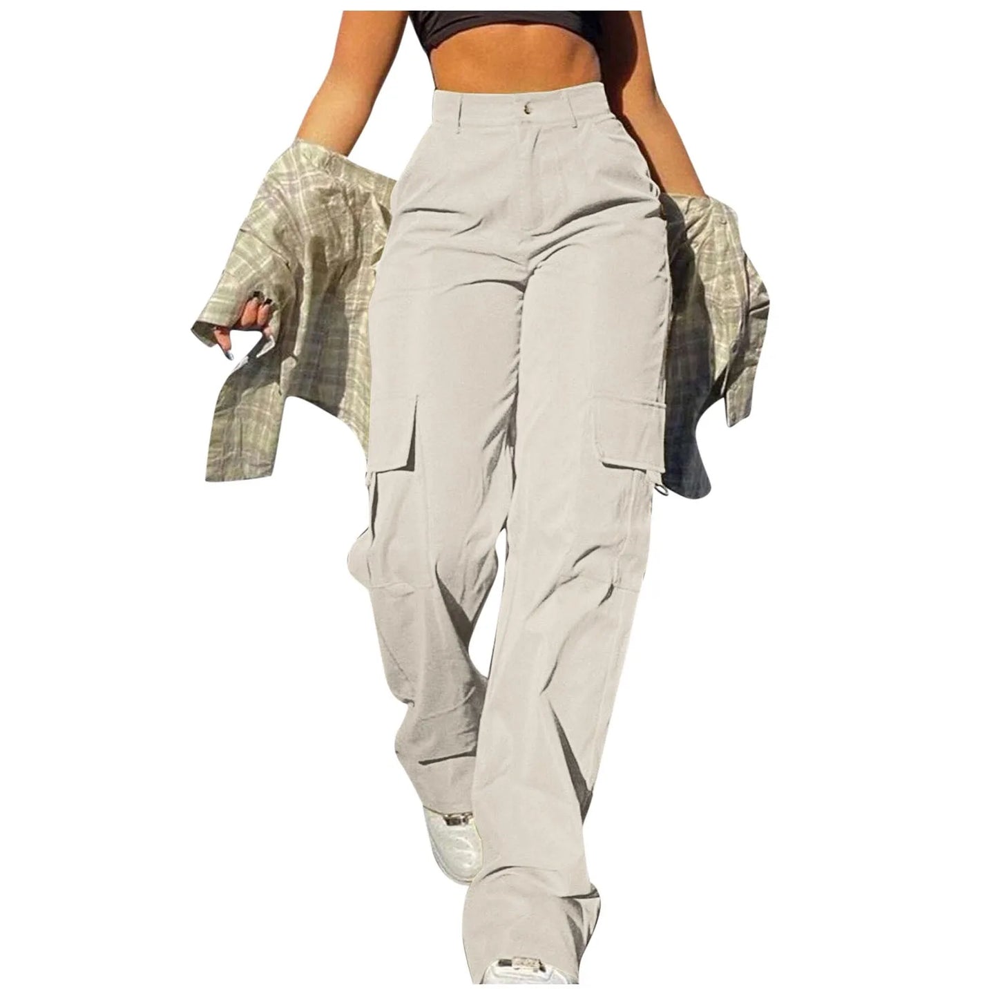 Vintage Street Vibe Flap Pocket Drawstring Waist Parachute Pants  For Women Cargo Pants