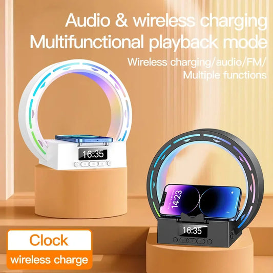 4 In 1 Wireless Bluetooth Speaker Charging Pad Bedside Lamp With Alarm Clock Wake-Up Light For Bedroom Support USB Drive