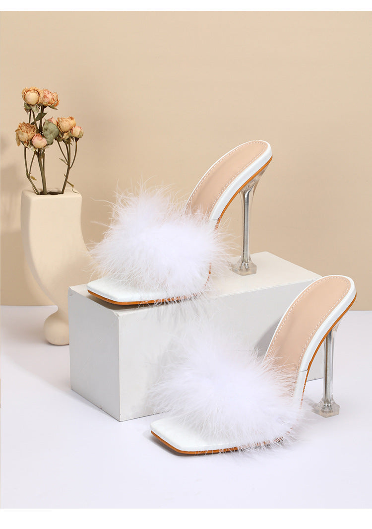 Women's Fashion Shoes Furry Transparent Broadband Crystal Heel Stiletto Heel Sandals