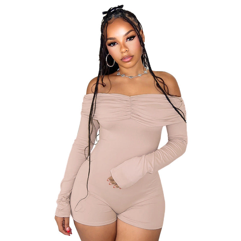 Women's Off-shoulder Pleating Long Sleeve High Waist One-piece Shorts